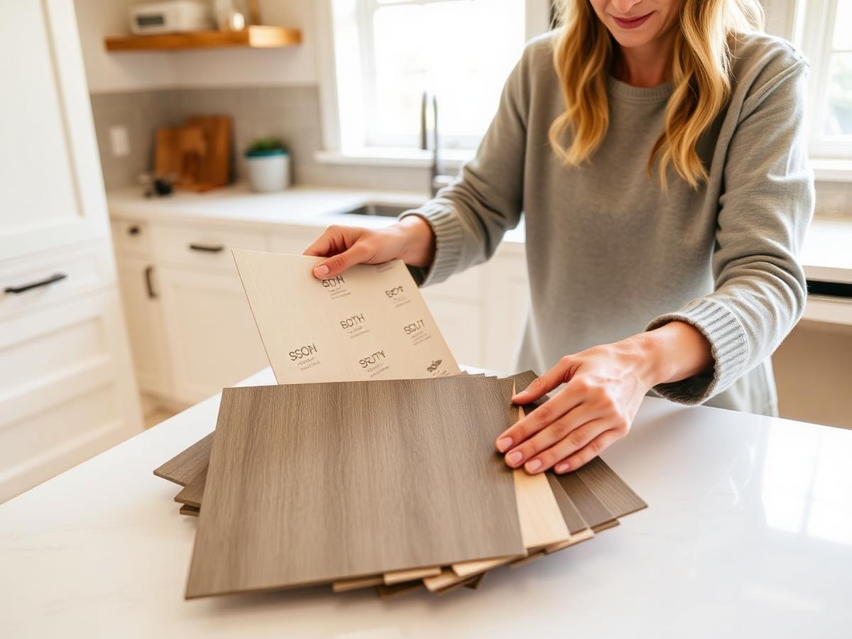 Designer reviewing cabinet and countertop finish samples with a homeowner
