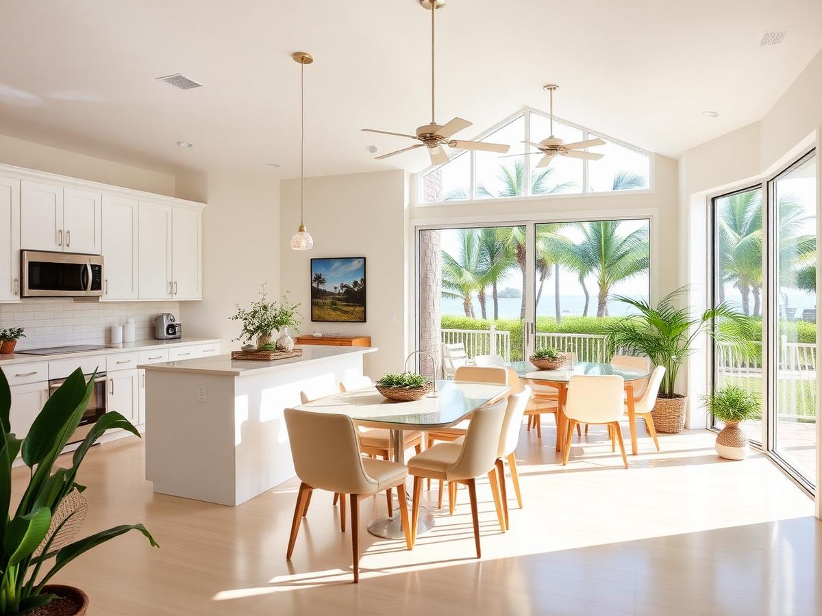 Open concept Florida kitchen and dining area with palm trees outside